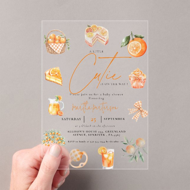 Botanical citrus orange Cutie Summer Baby Shower Acrylic Invitations (Insitu (Handheld))