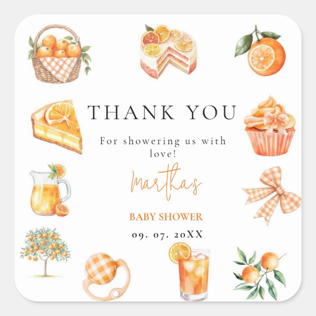 Botanical citrus orange Cutie Summer Baby Shower Square Sticker (Front)