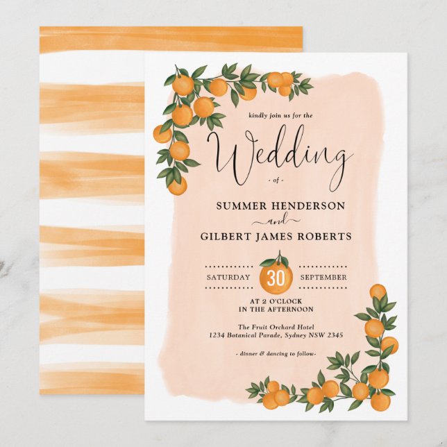 Botanical Citrus Orange Greenery Summer Wedding Invitation (Front/Back)