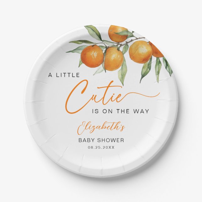 Botanical Citrus Orange Little Cutie Baby Shower Paper Plate (Front)