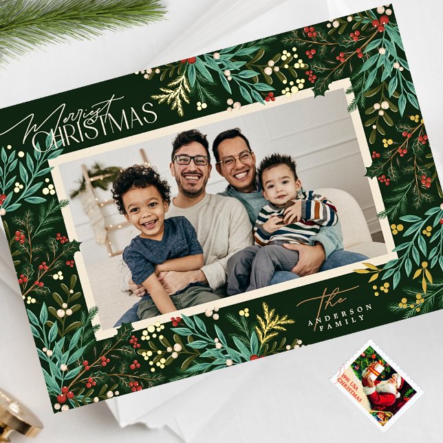 Botanical Classic Elegance Christmas One Photo Foil Holiday Card (Creator Uploaded)
