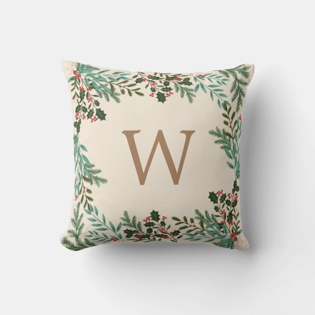 Botanical Classic Monogram Christmas Holiday Cushion (Front)