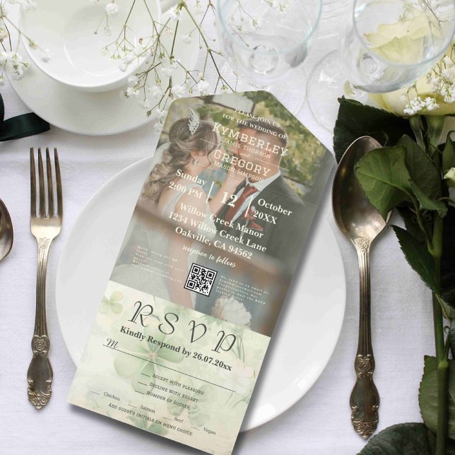 Botanical Clover Green Chartreuse Photo QR Code All In One Invitation (Creator Uploaded)