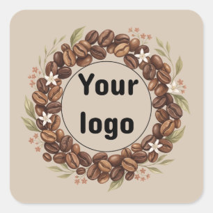 Botanical Coffee Bean Wreath Custom Logo Square Sticker