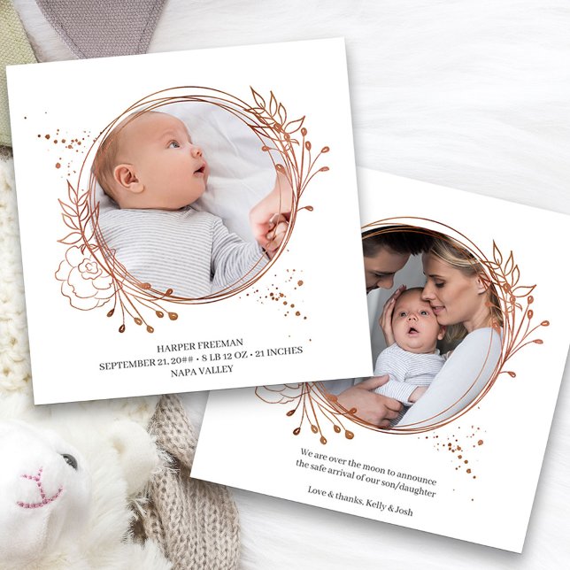 Botanical Copper Rose Gold Photo Frame Birth Announcement (2 Framed Photo Baby Birth Announcement. Buy printed or as a printable digital download)