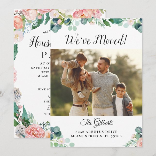 Botanical Coral Floral  Housewarming Party Photo Invitation (Front/Back)