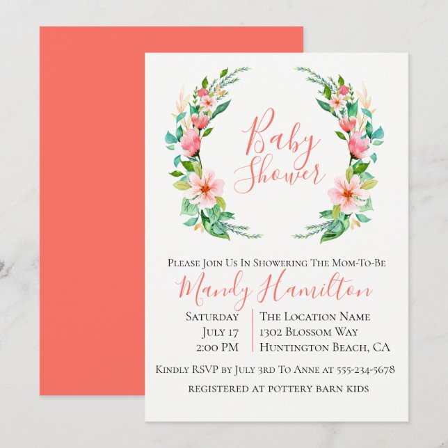 Botanical Coral Island Wreath Baby Shower Invitation (Front/Back)
