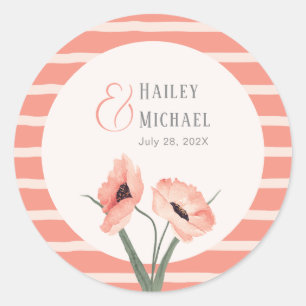 Botanical Coral Stripes Classic Round Sticker