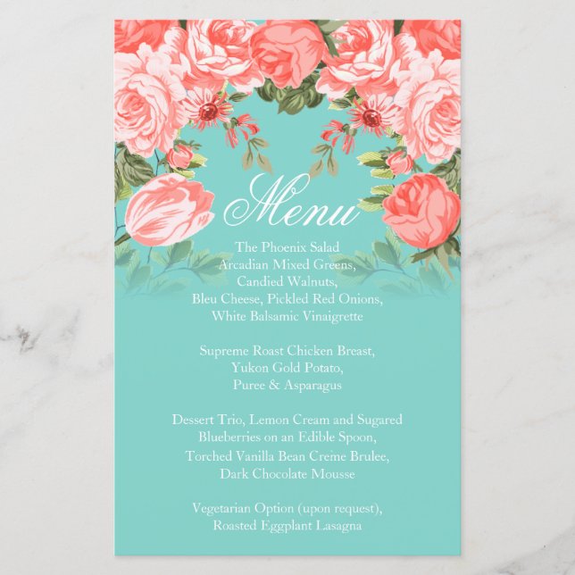 Botanical Coral & Teal Flower Wedding - Menu (Front)
