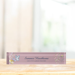Botanical Cottage Core Floral Butterfly Mauve Pink Nameplate