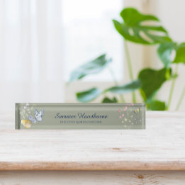 Botanical Cottage Core Floral Butterfly Sage Green Nameplate