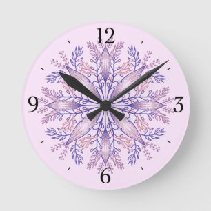 Botanical cottagecore boho floral line art pink round clock