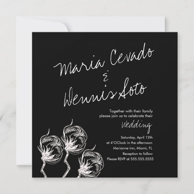 Botanical Cotton Plant Hand Drawn Black Wedding Invitation (Front)