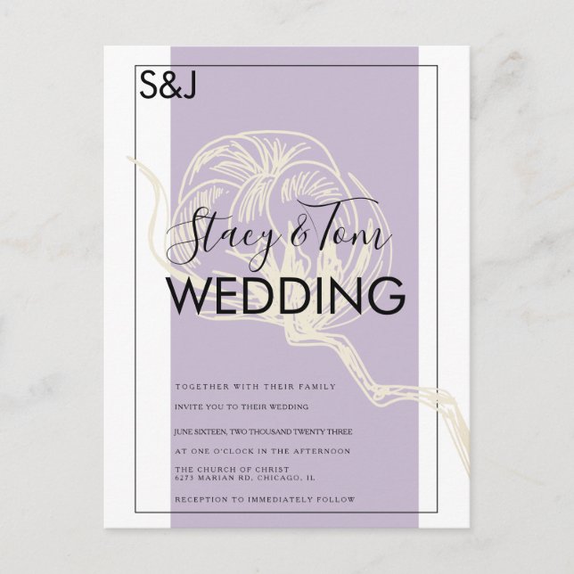 Botanical Cotton Plant Lavender Wedding Invitation Postcard (Front)