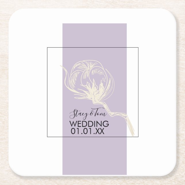 Botanical Cotton Plant Lavender Wedding   Square Paper Coaster (Front)