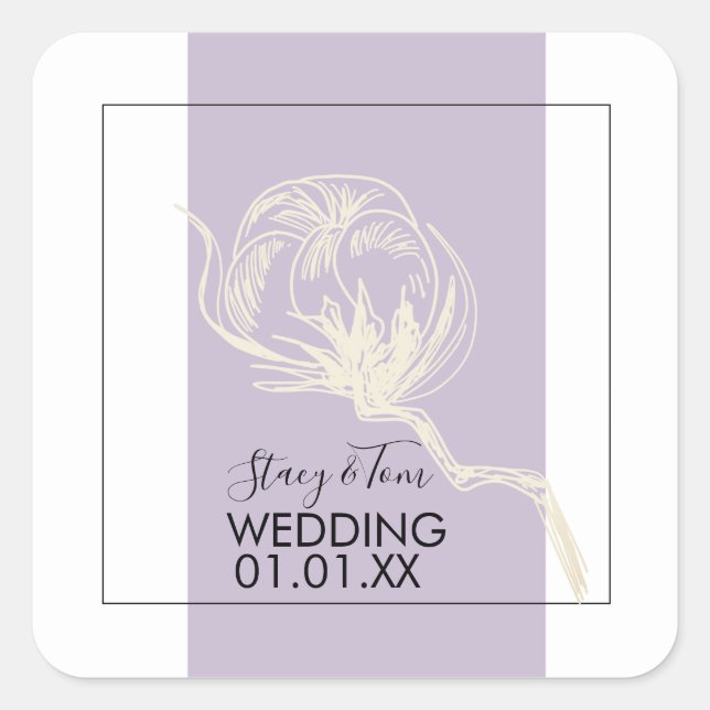 Botanical Cotton Plant Lavender Wedding  Square Sticker (Front)