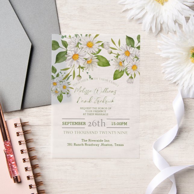Botanical Country Wildflower Spring Daisy Wedding Vellum Invitations (Wedding)