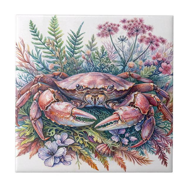 Botanical Crab Sea Life Watercolor Tile (Front)
