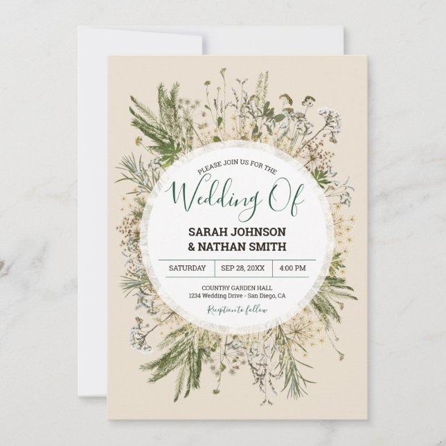 Botanical Cream Fall Faux Dried Flowers Wedding Invitation (Front)