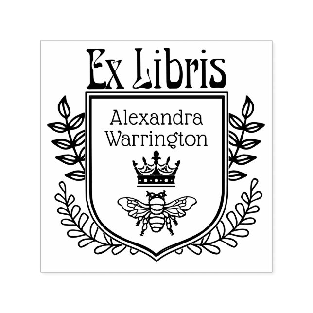 Botanical Crest Bee with Crown Ex Libris Book Name Self-inking Stamp (Design)