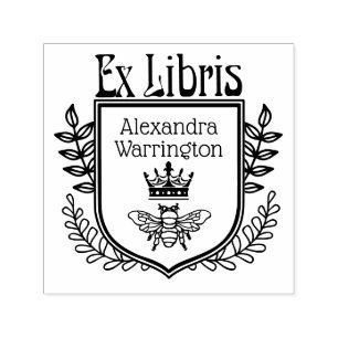 Botanical Crest Bee with Crown Ex Libris Book Name Self-inking Stamp
