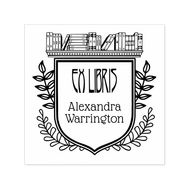 Botanical Crest Bookshelf Ex Libris Book Name Self-inking Stamp (Design)