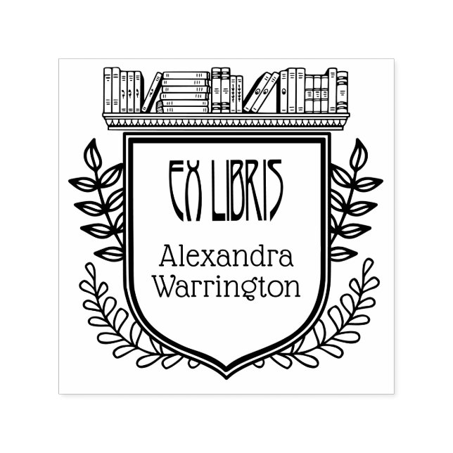 Botanical Crest Bookshelf Ex Libris Book Name Self-inking Stamp (Design)