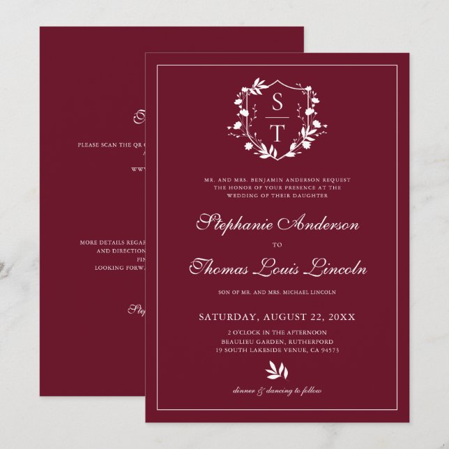 Botanical Crest Burgundy Wedding QR Code Invitation (Front/Back)