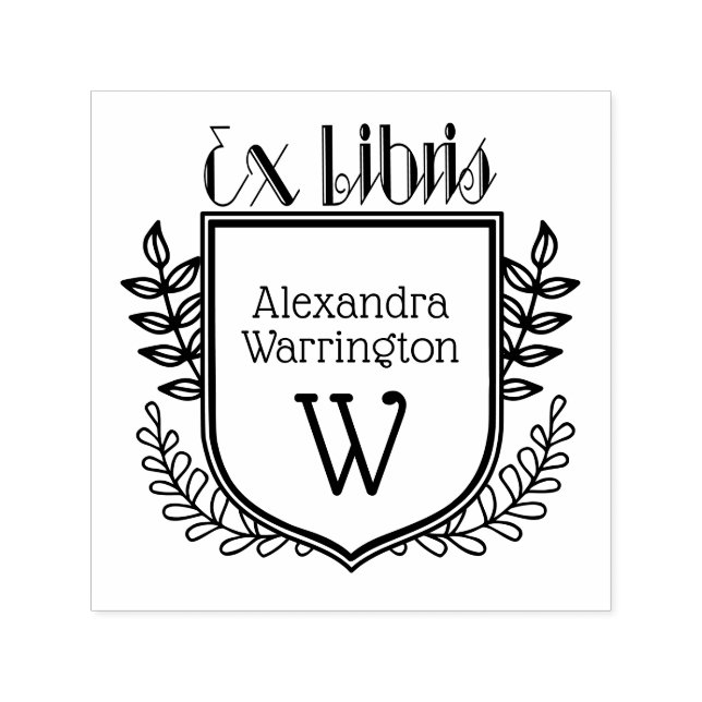Botanical Crest Ex Libris #2 Book Name Initial Self-inking Stamp (Design)