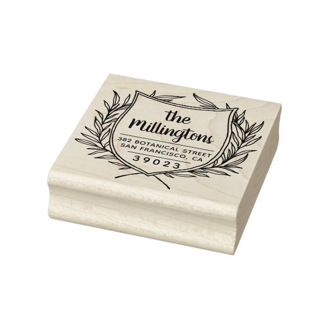 Botanical Crest Family Name Script Return Address Rubber Stamp (Stamp)