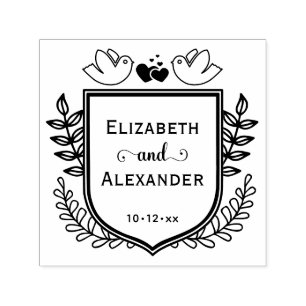 Botanical Crest Love Birds Hearts Couple Wedding Self-inking Stamp