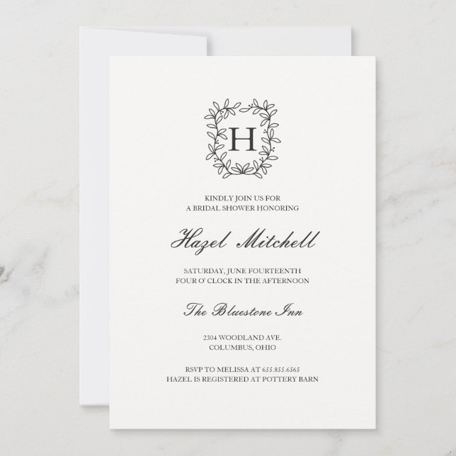 Botanical crest monogram classic bridal shower  invitation (Front)
