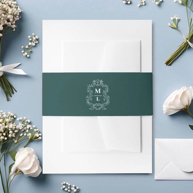 Botanical Crest Monogram Hunter Green Wedding Invitation Belly Band (Creator Uploaded)