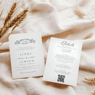 Botanical crest monogram QR Code Details Wedding Invitation