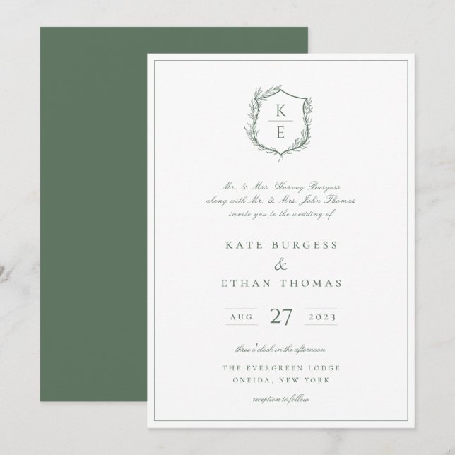 Botanical Crest Monogram Sage Green Wedding Invitation (Front/Back)