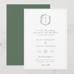 Botanical Crest Monogram Sage Green Wedding Invitation