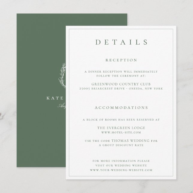Botanical Crest Monogram Sage Wedding Details Enclosure Card (Front/Back)