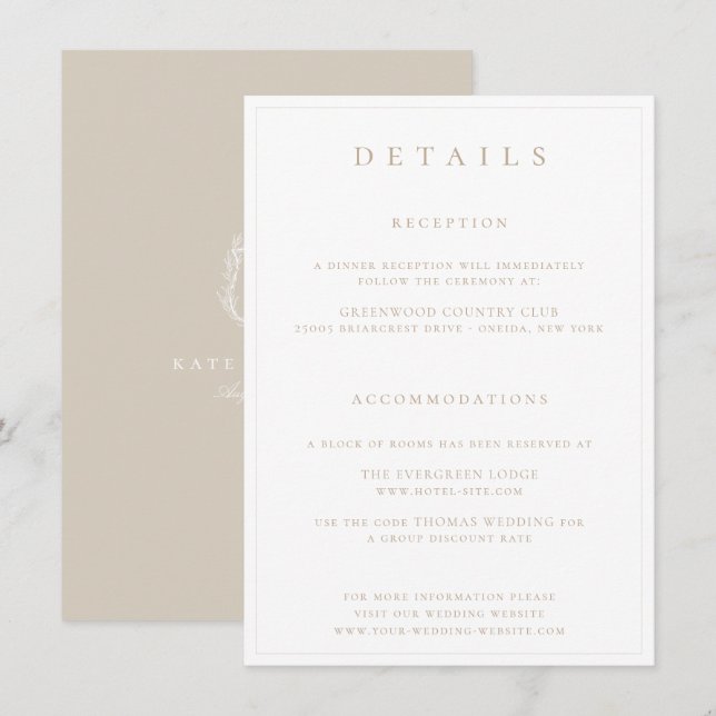 Botanical Crest Monogram Wedding Details Enclosure Card (Front/Back)