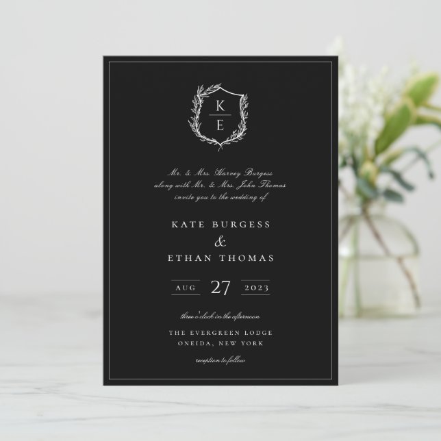 Botanical Crest Monogram Wedding Invitation (Standing Front)