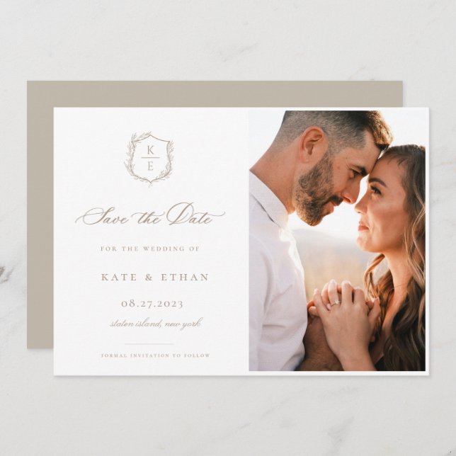 Botanical Crest Monogram Wedding Photo Save The Date (Front/Back)