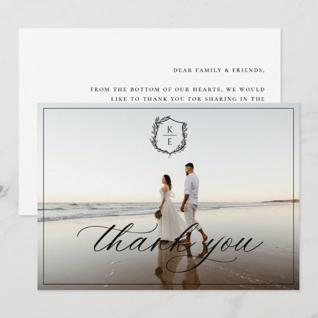 Botanical Crest Monogram Wedding Photo Thank You Card (Front/Back)