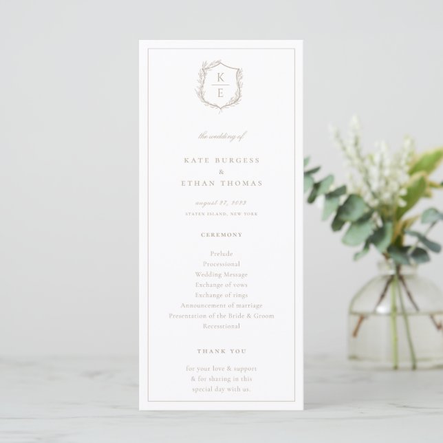 Botanical Crest Monogram Wedding Programme (Standing Front)