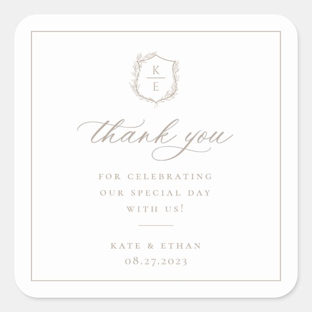 Botanical Crest Monogram Wedding Thank You Square Sticker (Front)