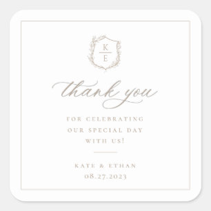 Botanical Crest Monogram Wedding Thank You Square Sticker