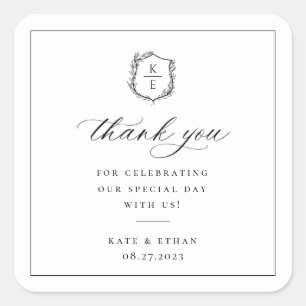 Botanical Crest Monogram Wedding Thank You Square Sticker