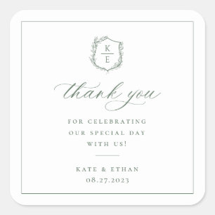 Botanical Crest Monogram Wedding Thank You Square Sticker