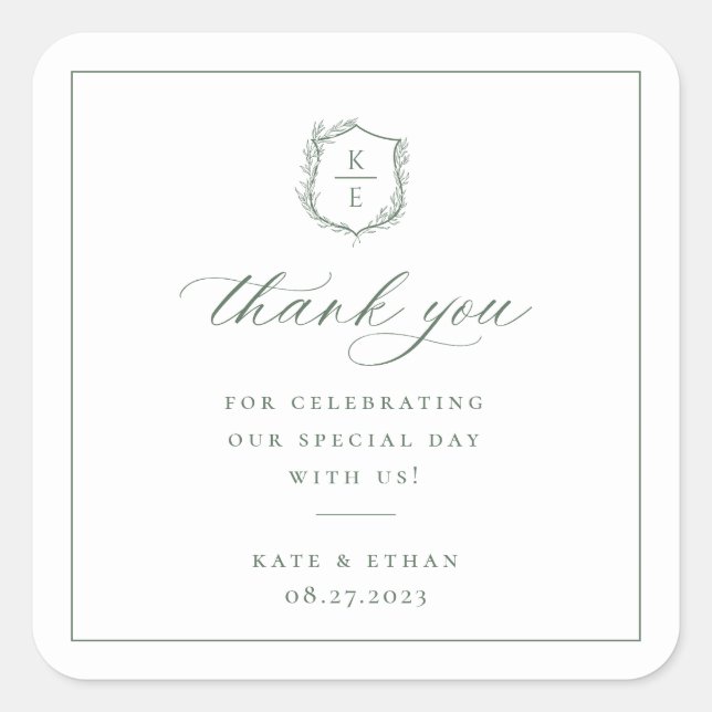 Botanical Crest Monogram Wedding Thank You Square Sticker (Front)