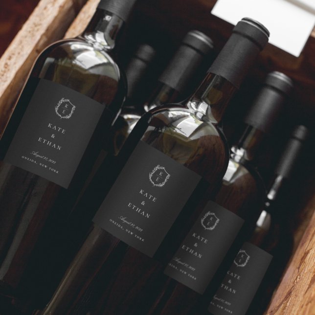 Botanical Crest Monogram Wedding Wine Label (Creator Uploaded)