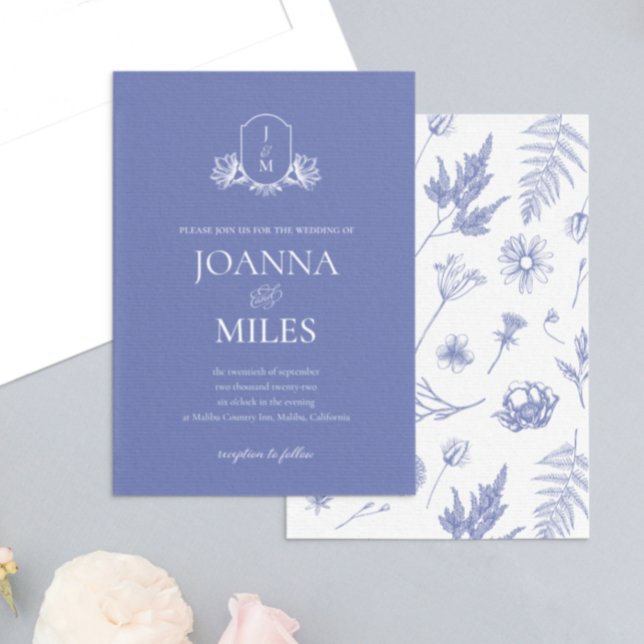 Botanical Crest Periwinkle Monogram Invitation (Creator Uploaded)