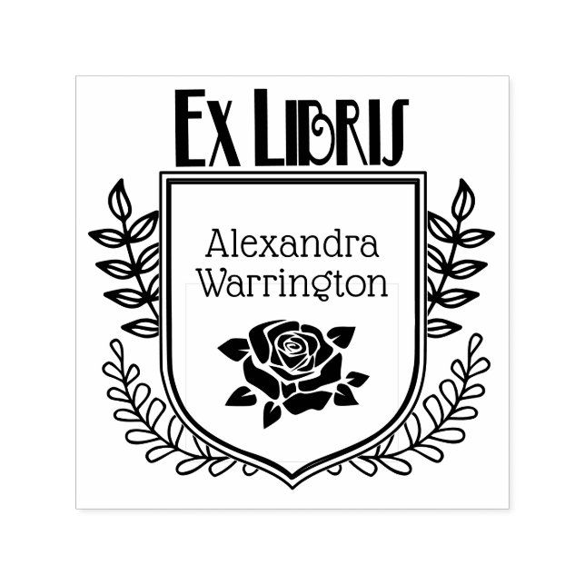Botanical Crest Rose Ex Libris Book Name Self-inking Stamp (Design)
